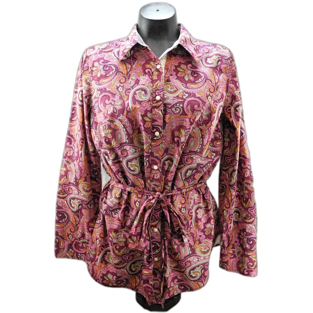 Izod Purple Pink Paisley Belted Shirt Women's L Button-Front Long Sleeve